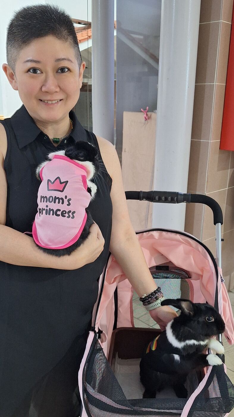 Jessica Woo holding one of her two black and white pet rabbits in a pink vest that reads mom's princess, with the second rabbit in a pink pet stroller beside her