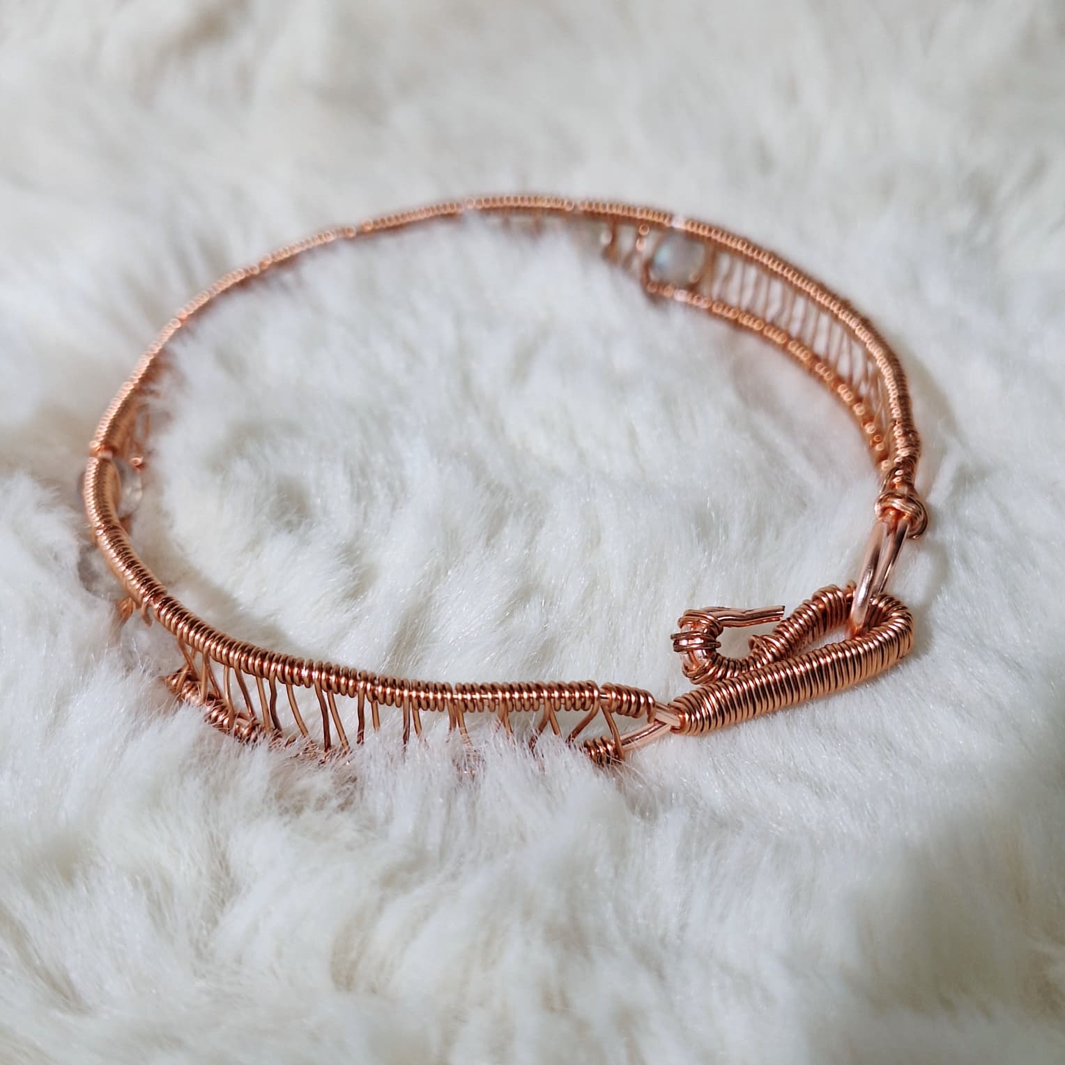 Copper Wire-wrapped Bangle with 6mm Faceted Blue sheen Labradorite beads — photo 2