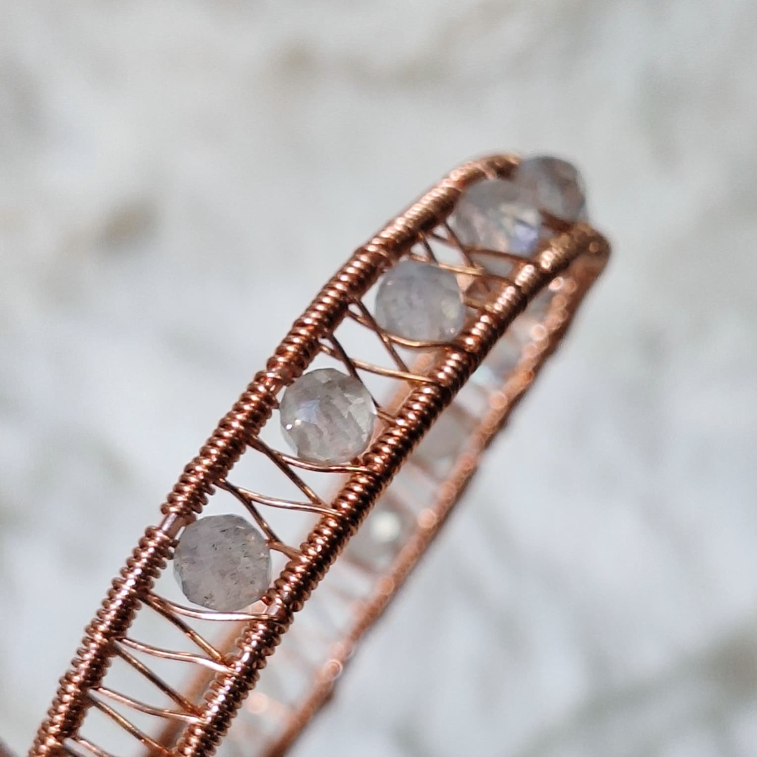 Copper Wire-wrapped Bangle with 6mm Faceted Blue sheen Labradorite beads — photo 3