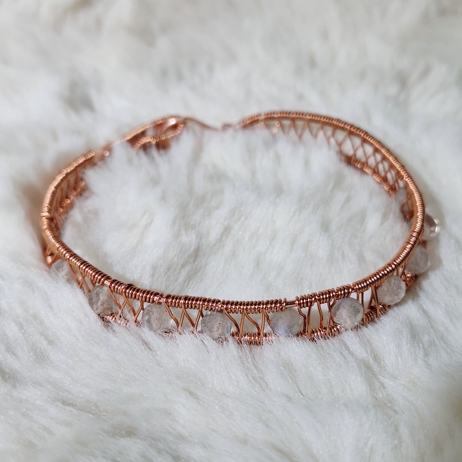Copper Wire-wrapped Bangle with 6mm Faceted Blue sheen Labradorite beads