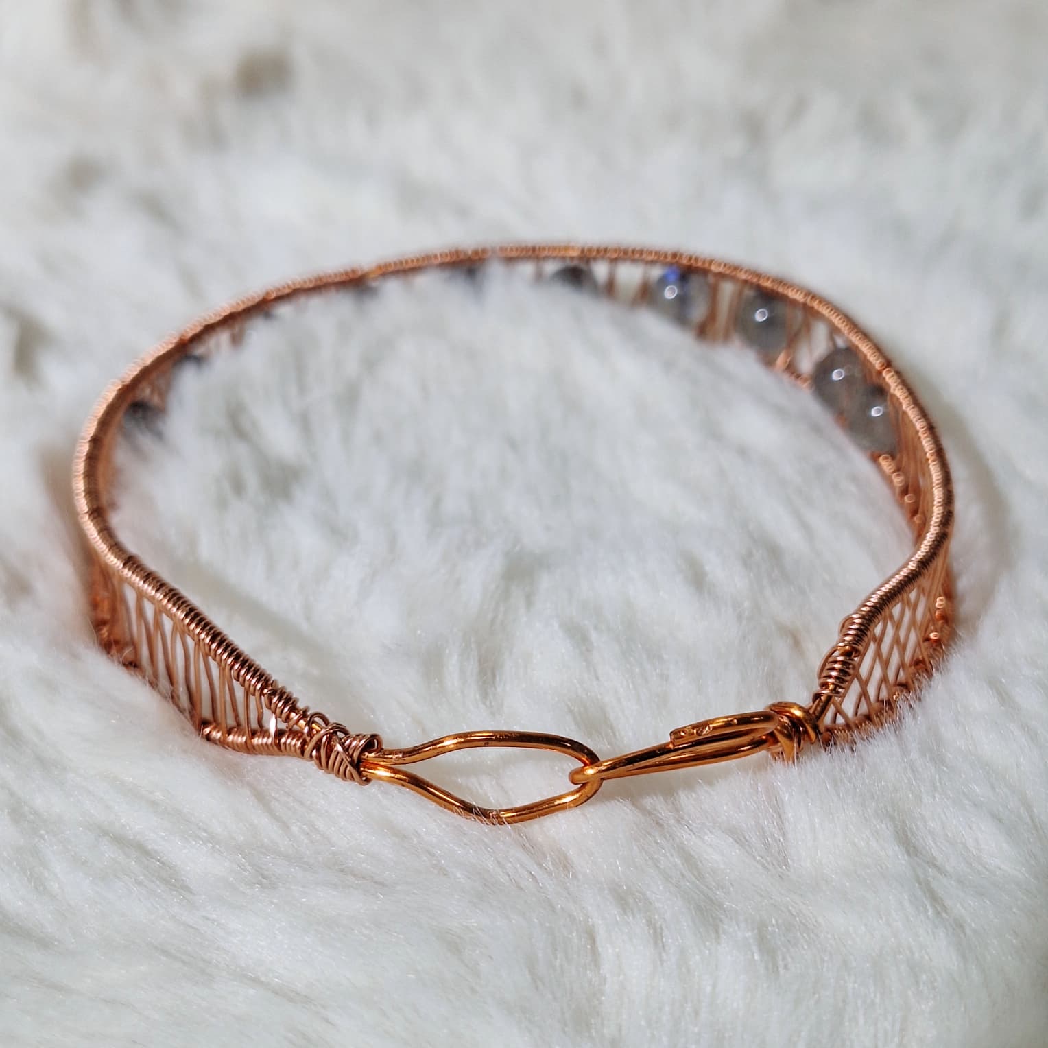 Copper Wire-wrapped Bangle with 7mm Blue sheen Labradorite beads — photo 2
