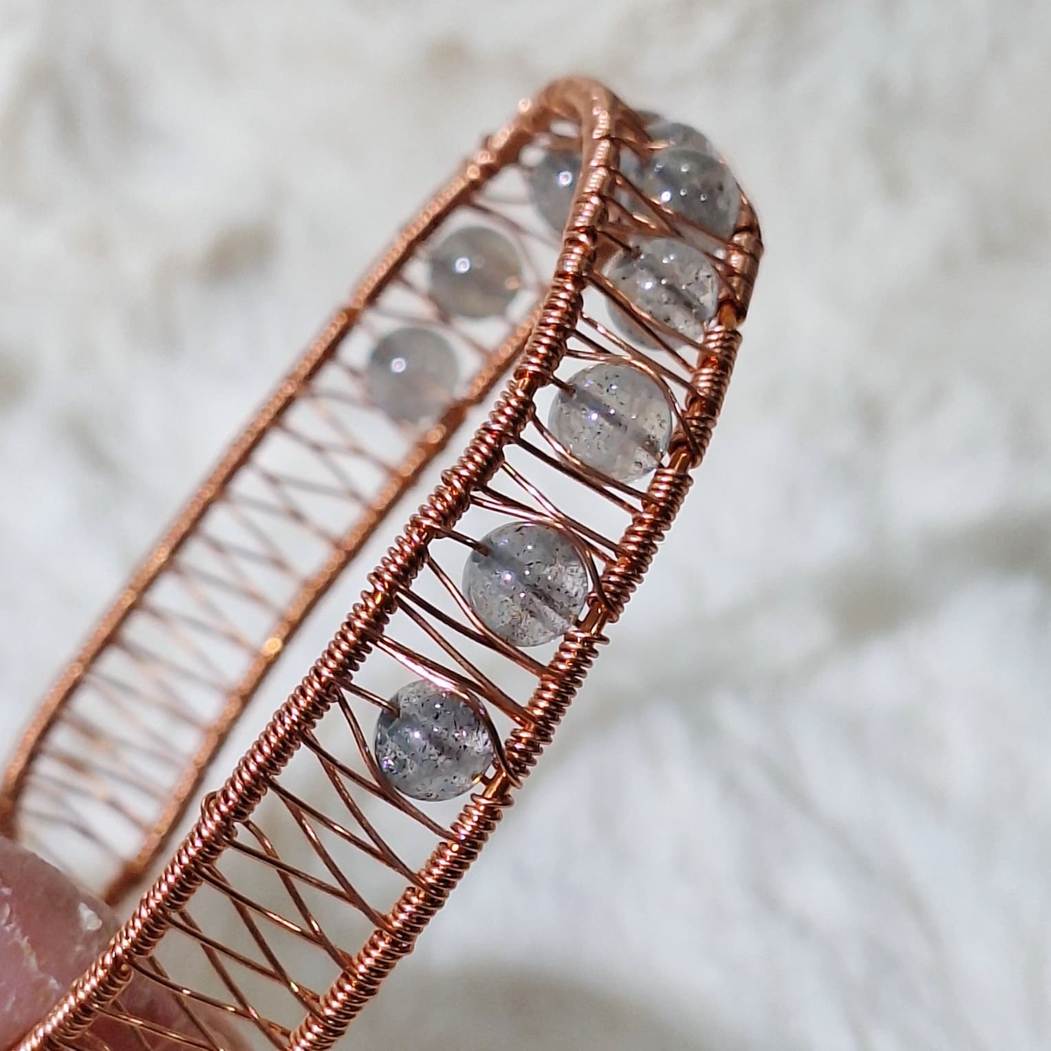 Copper Wire-wrapped Bangle with 7mm Blue sheen Labradorite beads — photo 3