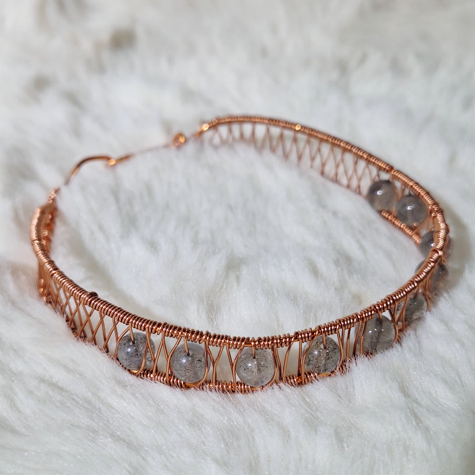 Copper Wire-wrapped Bangle with 7mm Blue sheen Labradorite beads
