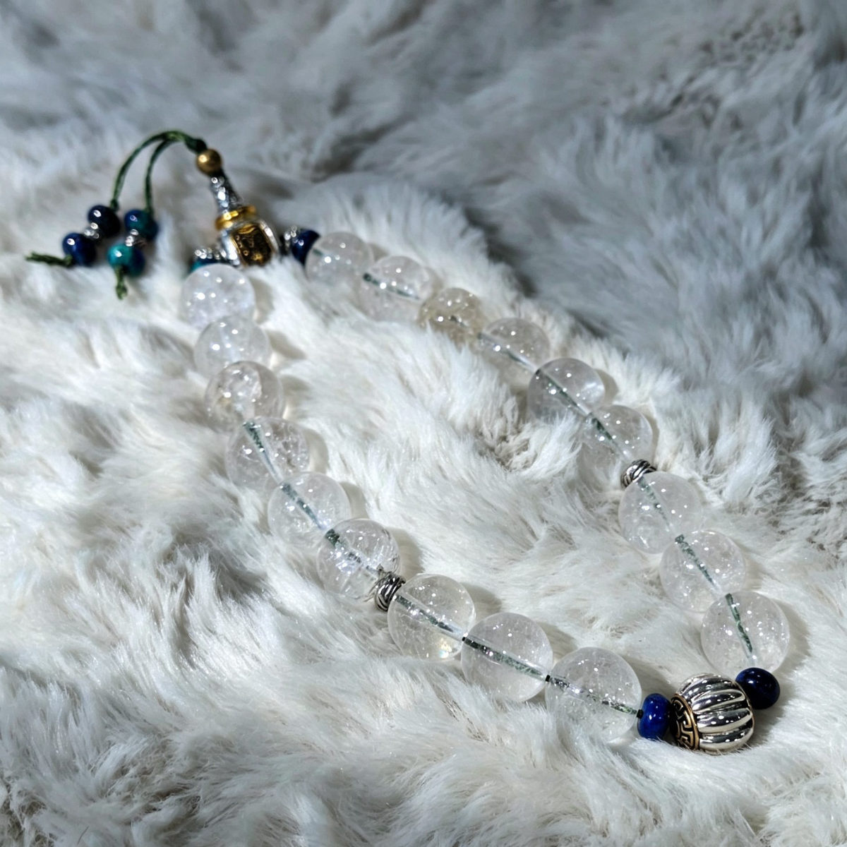 Tibetan Quartz 18 beads with Milky/Carbon inclusions and metal San Tong